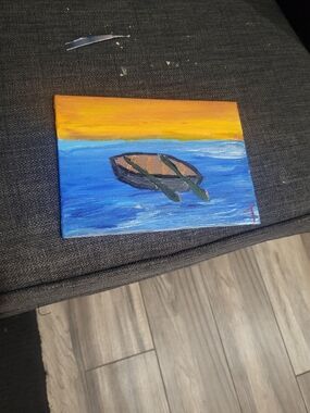 Hand-Painted Boat Canvas Wall Art - Blue and Orange By E and T Paintings